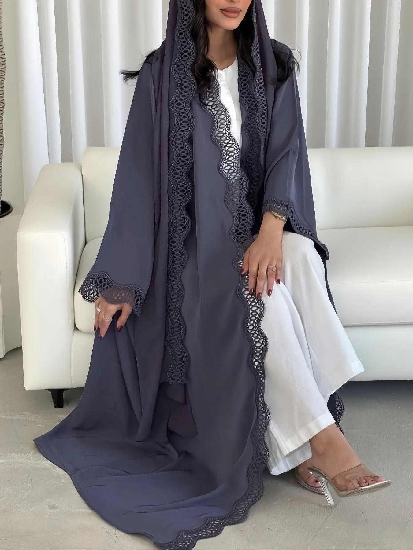 Elegant Lace Trim Cardigan Set, Two-Piece Party Casual Abaya Robe, Modesty Abaya, Modest Islamic Abaya, Islamic Modesty Clothes, Stylish Long Sleeve Outerwear for Women, Modest Muslim Outfits, Muslim Clothing