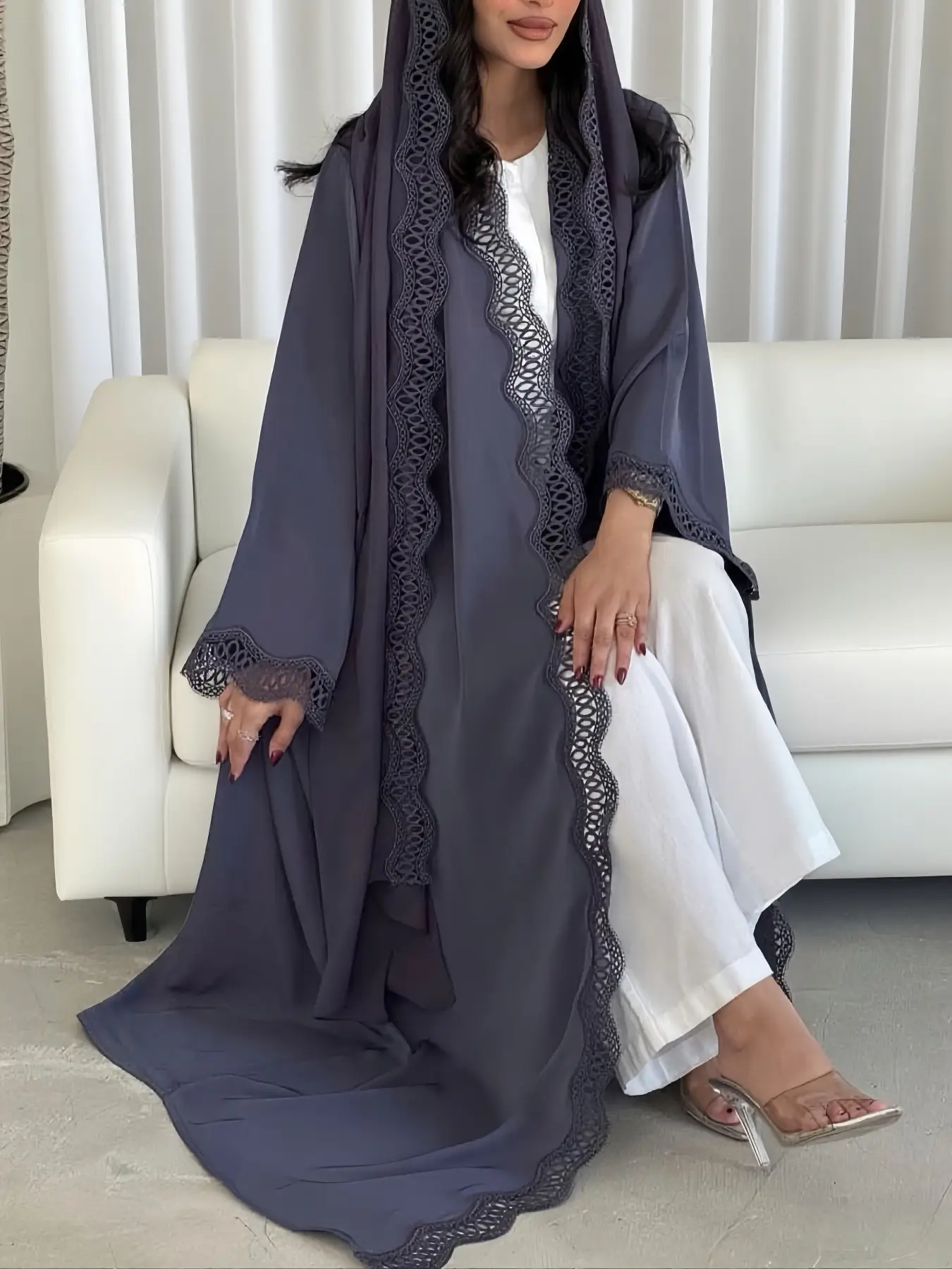 Elegant Lace Trim Cardigan Set, Two-Piece Party Casual Abaya Robe, Stylish Long Sleeve Outerwear for Women, Modesty Abaya, Abaya Hijab Set