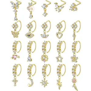 20 count 20G 316L Stainless Steel Dangle Nose Ring for Women Men L Shaped Dangling Nose Stud Cute Heart Moon  Nose Hoop Set CZ Flower Leaf Butterfly Dangle Nose Piercing