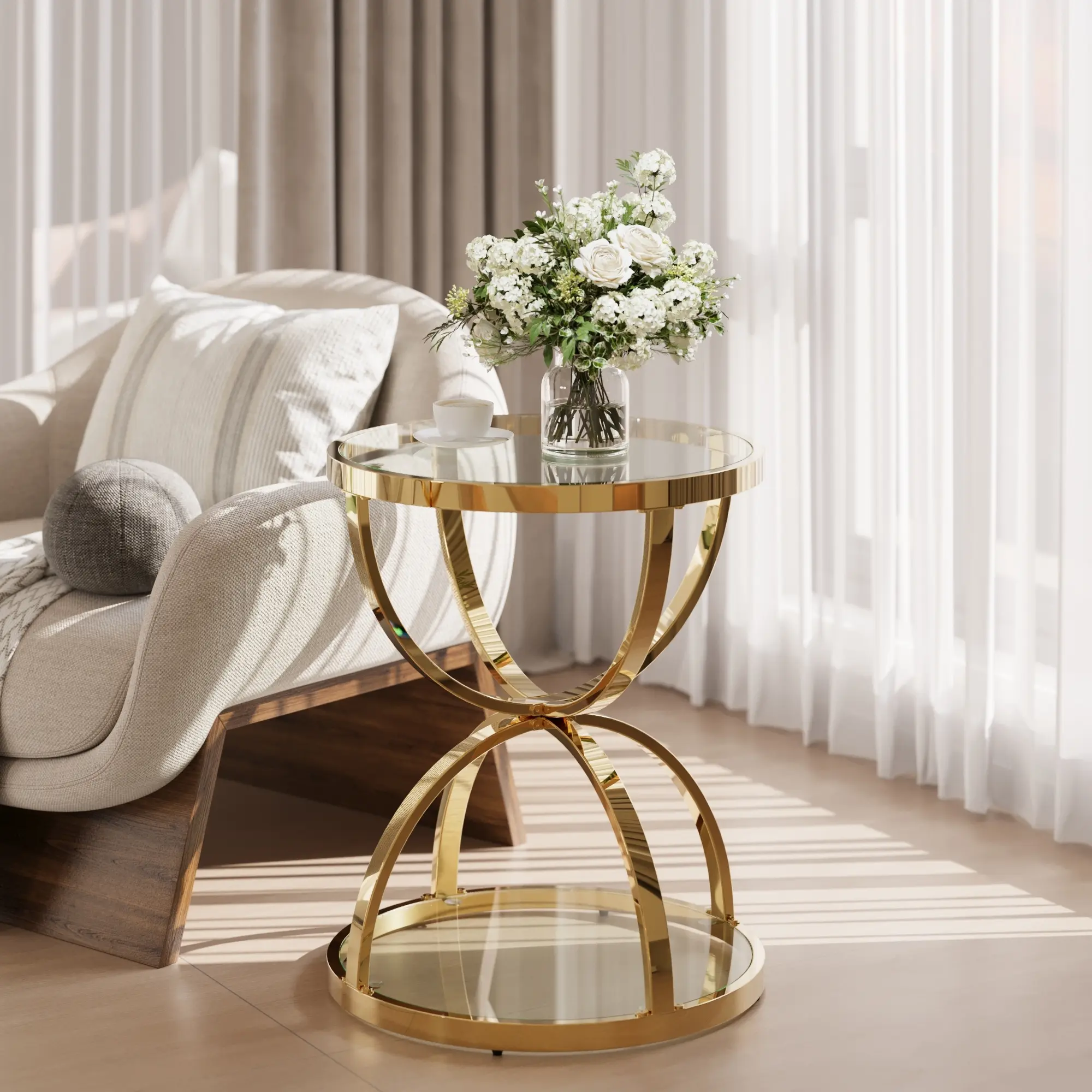 19.7in Modern 2-Tier Round Glass Side Table with Iron Base, Metal Frame Indoor Furniture for Living Room, Reduces Cluttered Surfaces & Missing Drinks, Round Shape
