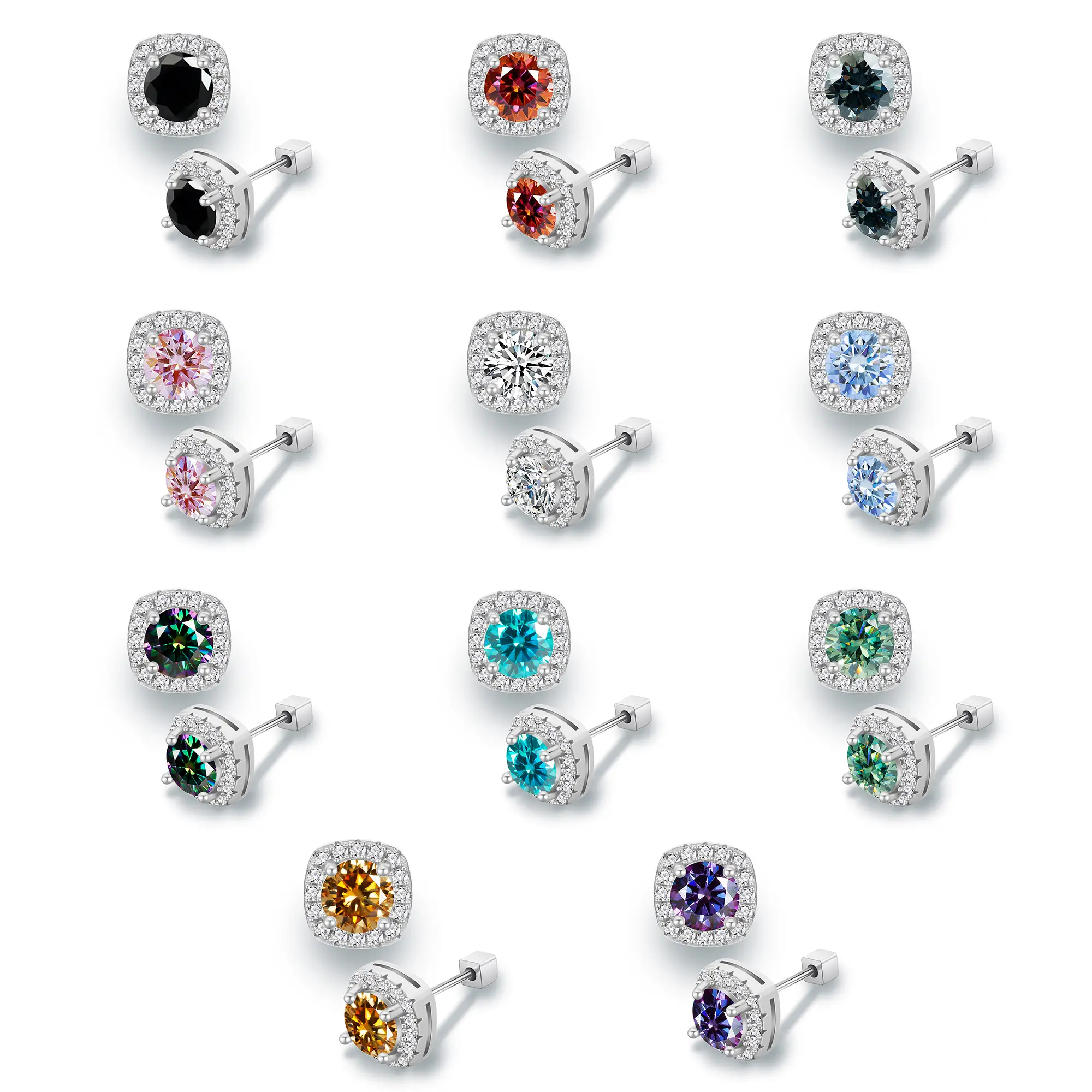 【#24】Colored Square Halo Synthetic Moissanite Earrings 1CT(0.5CT Each) 925 Sterling Silver Halo Stud Earrings for Women Girls Men gift DIY