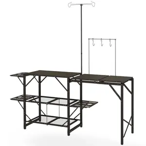Folding camp kitchen station with dual tables bottom and side shelves adjustable lamp stand for outdoor camping cooking and backyard barbecue