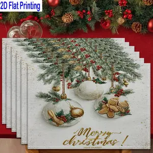 1PC/4Pcs/6Pcs 2D Flat Printed Christmas Ornaments Gingerbread Holly Festive Table Mats, Placemats, Heat-resistant Kitchen Table Mats, Home Restaurant Table Mats, Outdoor Picnic Table Cloth Mats, Etc