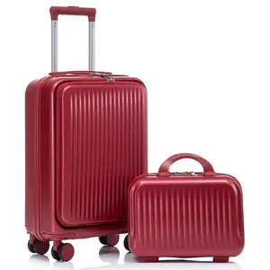 2 Piece Carry On Luggage Set with Makeup Case Front Opening Suitcase 14 Inch 20 Inch Travel Luggage Set with TSA Lock red