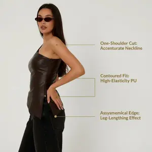 Women's One Shoulder Faux Leather Top | Asymmetrical Ruched Hem | Side Zipper Detail | 2 Trendy Colors