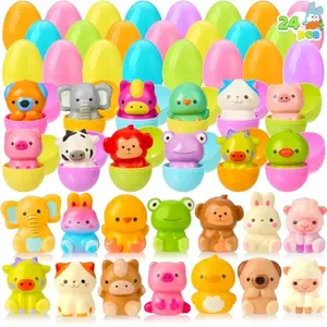 24 Pcs Easter Prefilled Eggs with Animals Squishy Toys, Cute Toys for Easter Egg Hunt, Kids Party Favor, Basket Stuffers, Filling Treats, Goodie Bag Fillers, Classroom Prize Supplies