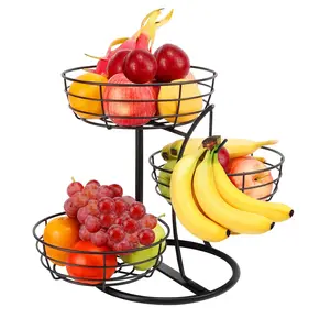 Fruit Basket Bowl with Banana Hanger, Fruit Vegetable Storage Basket with Banana Tree Holder for Kitchen Counter, Detachable Organizer for Bread Snack Produce (Black, 3-Tier Metal Base)
