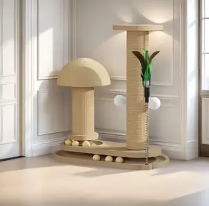 Mushroom-shaped solid wood scratching post with sisal rope, sturdy anti-tip design, includes hanging toys—ideal for playful cats, interactive cat toys | fashionable cat accessories | solid wood construction cattree cat  cattree cat tree tower cat tree