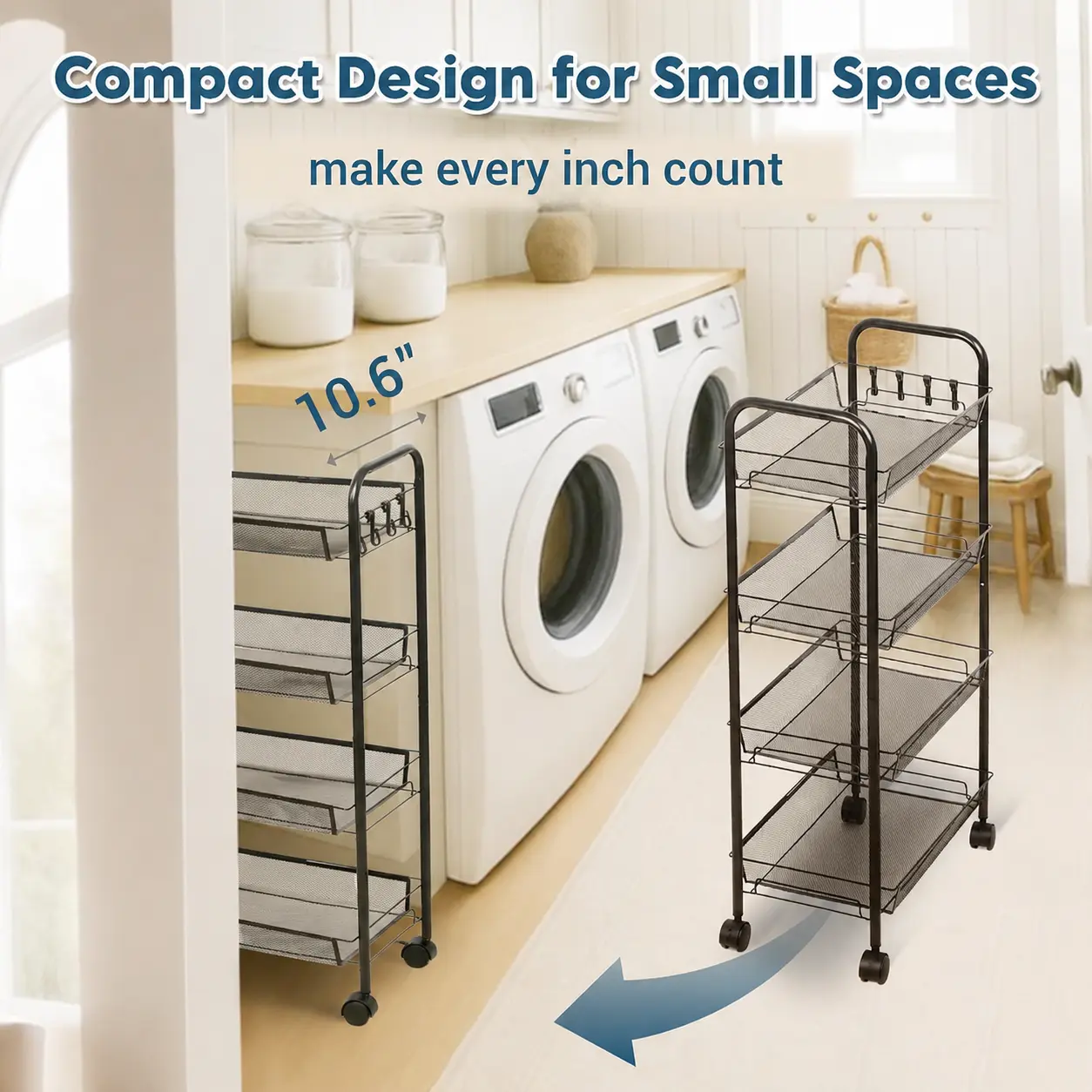 A 4-tier ultra-slim multifunctional cart with a removable rust-proof basket for storing all kinds of items. Equipped with smooth-rolling casters, it’s a space-saving storage solution for tight spaces in kitchens and offices.