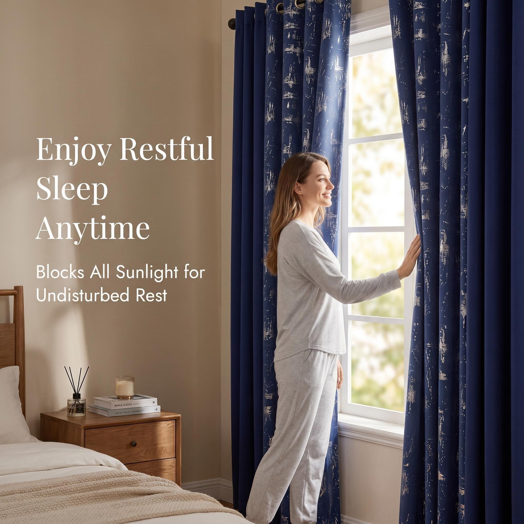 4-Panel 52"x84" Grommet Curtains Combo (2 Solid Blackout + 2 Foil Metallic Printed), Thermal Insulated Noise-Reducing Window Drapes, Room Darkening for Bedroom Living Room, Machine Washable QF222 & QF639, Blackout Curtains
