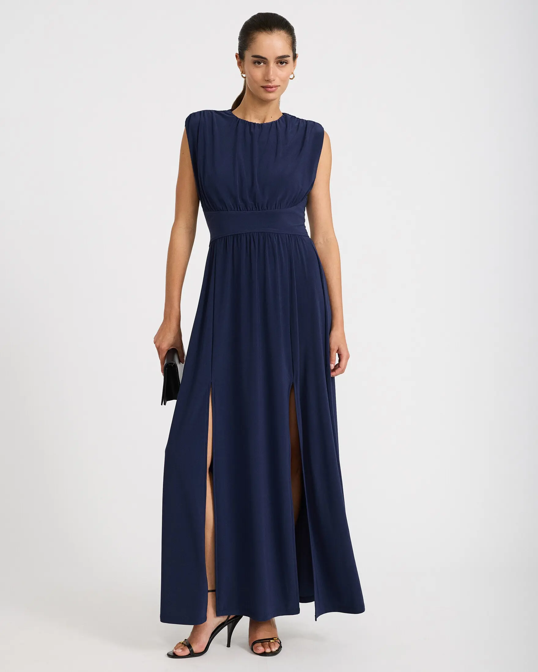 Express Jersey Crew Neck Cap Sleeve Front Slit Maxi Dress