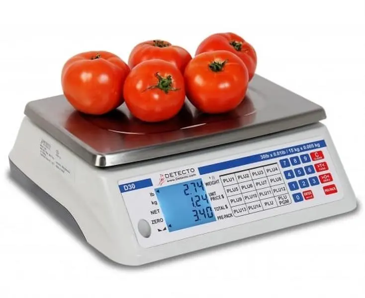 Detecto D15 Digital Stainless Steel Industrial Electronic Price Computing Scale - 15 lbs, 13.4x13.4 in, 120-Hour Battery Life, Trade Use, AC Adapter Included, Batteries, Backlit Blue LCD, Both Operator and Customer Displays