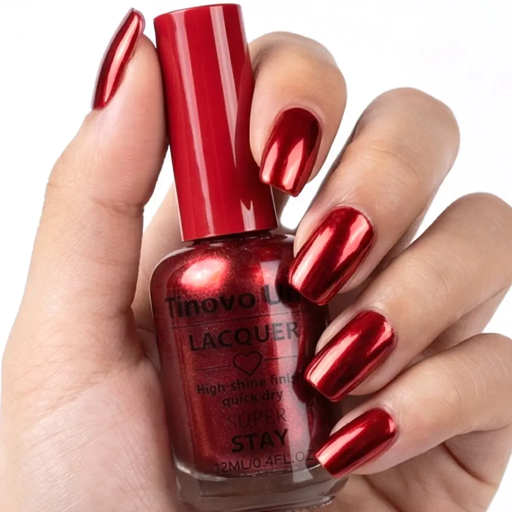 Tinovo Uno 12ml Mirror Effect Metallic Red Nail Polish Lacquer Quick-dry, no-cure formula Chrome-like glossy finish Long-lasting and convenient Air-dry Nail care products Manicure Nail Art