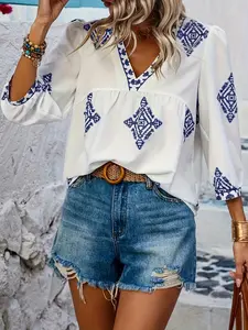 Women's Fashion New Geometric Print V-Neck Seven-Sleeve Shirt, Spring Summer Casual Wear, Vacation Daily Outing