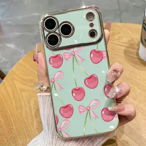 Juicy Pink Cherry Illustrations Phone Case Adding A Touch Of Fresh Romantic Charm To Your Daily Device Premium 6D Solid Color Electroplated With A Smooth Glossy Metal-Like Finish l For Iphone 17 16 15 14 13 12 11