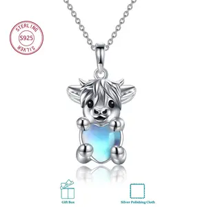 925 Sterling Silver Highland Cow Necklace for Women, Cute Heart Created Blue Opal Pendant, Whimsical Animal Jewelry Birthday Anniversary Gift for Her, Daughter