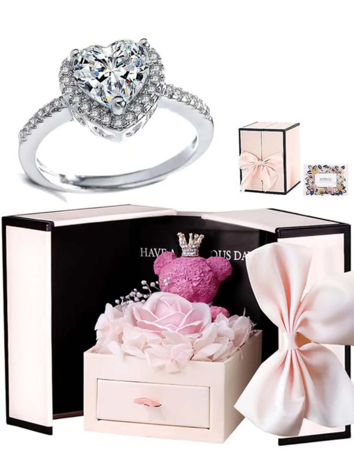 Mother's Day Gift Heart-shaped diamond ring encased in a teddy bear and rose gift box – a romantic new choice for Christmas, a perfect Valentine's Day gift, adjustable ring, Elegant Ring, Surprise