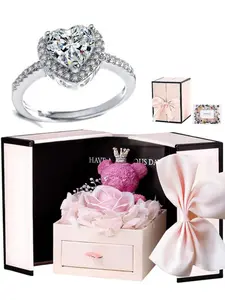 Heart-shaped diamond ring encased in a teddy bear and rose gift box – a romantic new choice for Christmas, a perfect Valentine's Day gift, adjustable ring, Surprise Ring, Courtship Ring, and jewelry gift, Diamond Engagement Ring