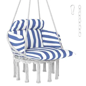 Hammock Swing Chair Extra Large Soft Cushion Macrame Chair Includes Hanging Chain And Spring Clip Perfect For Bedroom Or Patio Blue White 265 Lbs Weight Capacity