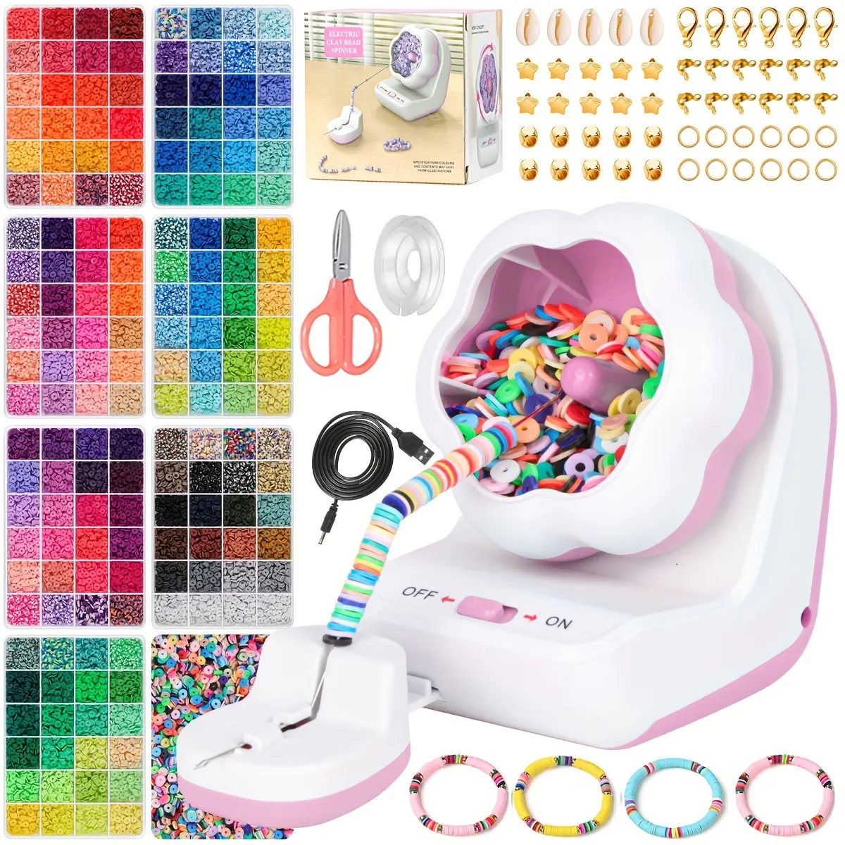 2400 PCs Clay Beads Bracelet Making Suit with Electric Rotator-USB Powered, Easy Handmade Friendship Bracelet for All Bead Types