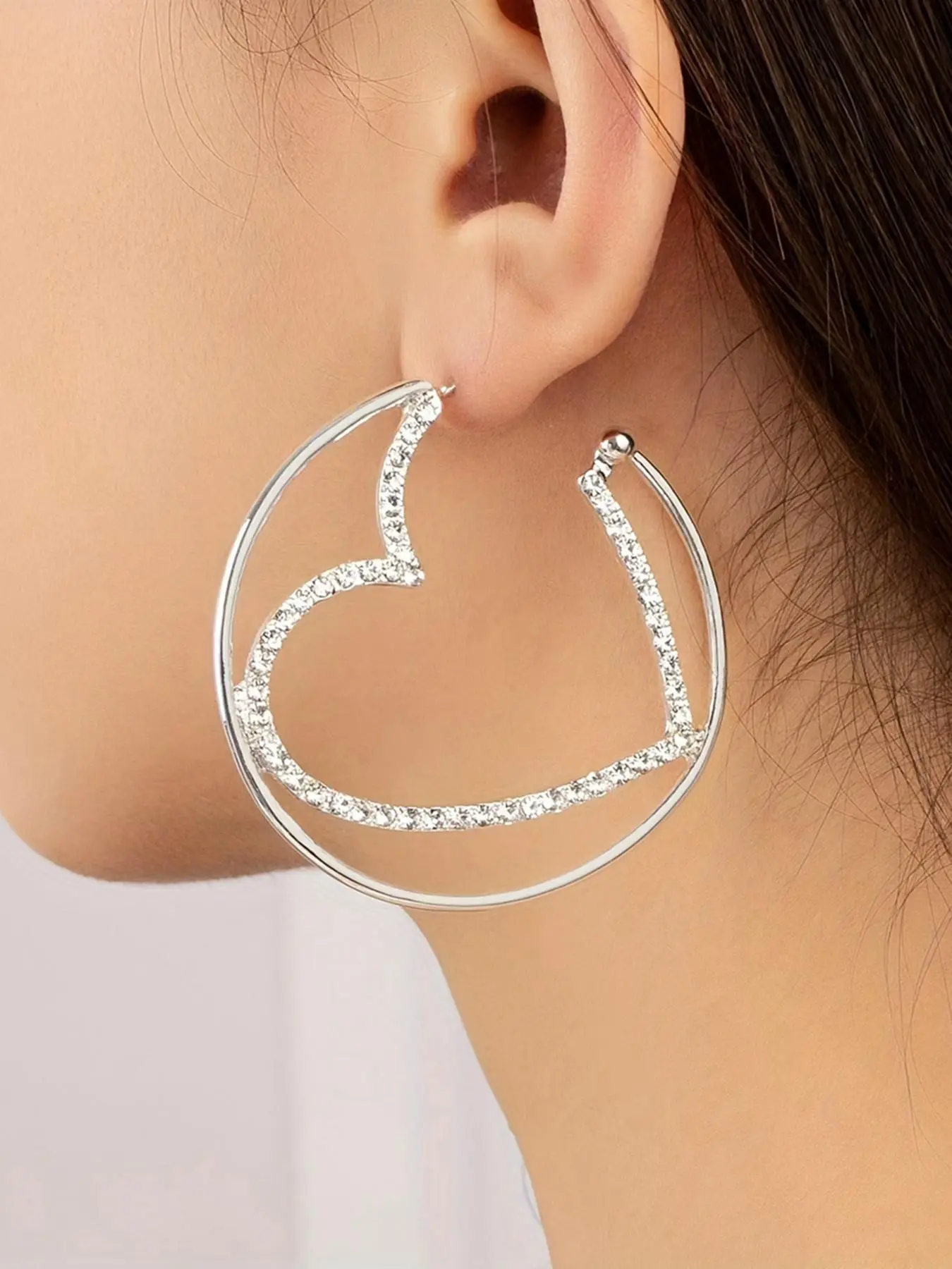 Rhinestone Decorated Bling Heart Design Hoop Earrings, Heart Shape Earrings, Elegant Fashion Zinc Alloy Jewelry for Women, Evening Party Accessories, Shining Earrings, Ear Hoops