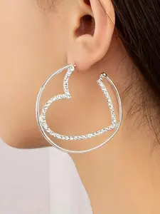 Rhinestone Decorated Bling Heart Design Hoop Earrings, Elegant Fashion Zinc Alloy Jewelry for Women, Evening Party Accessories