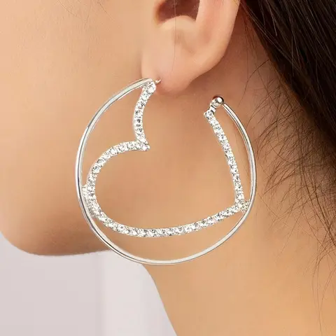 Rhinestone Decorated Bling Heart Design Hoop Earrings, Heart Shape Earrings, Elegant Fashion Zinc Alloy Jewelry for Women, Evening Party Accessories, Shining Earrings, Ear Hoops