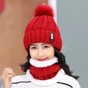 2 Pieces Set Women's Knitted Hat Scarf Caps Neck Warmer Winter Hat for Women Beanie Soft Wool Material Stretch Fit Style Cold