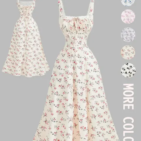 Women's Lace Trim Square Neck Lace Front Back Bow Fitted Ditsy Floral Dress, Party Dress, Brunch Dress, Vacation Dress, Beach Holiday Wear, Boho Dress, Bohemian, Womenswear, Dresses For Party, Floral Design Dress