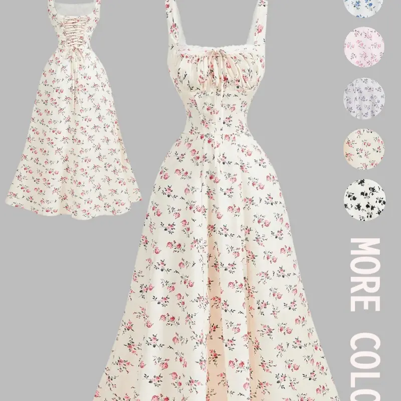 Women's Lace Trim Square Neck Lace Front Back Bow Fitted Ditsy Floral Dress, Party Dress, Brunch Dress, Vacation Dress, Beach Holiday Wear, Boho Dress, Bohemian, Womenswear, Dresses For Party, Floral Design Dress