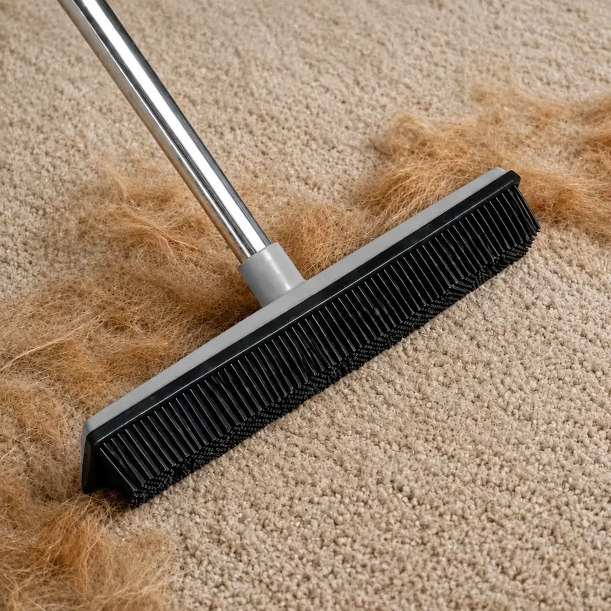 Rubber-PP Pet Hair Cleaning Broom - 3-Piece Detachable Stainless Steel Handle, 2-in-1 Floor Brush & Squeegee, Carpet Rake for Dog/Cat Fur, Household Tool for Carpets & Smooth Floors