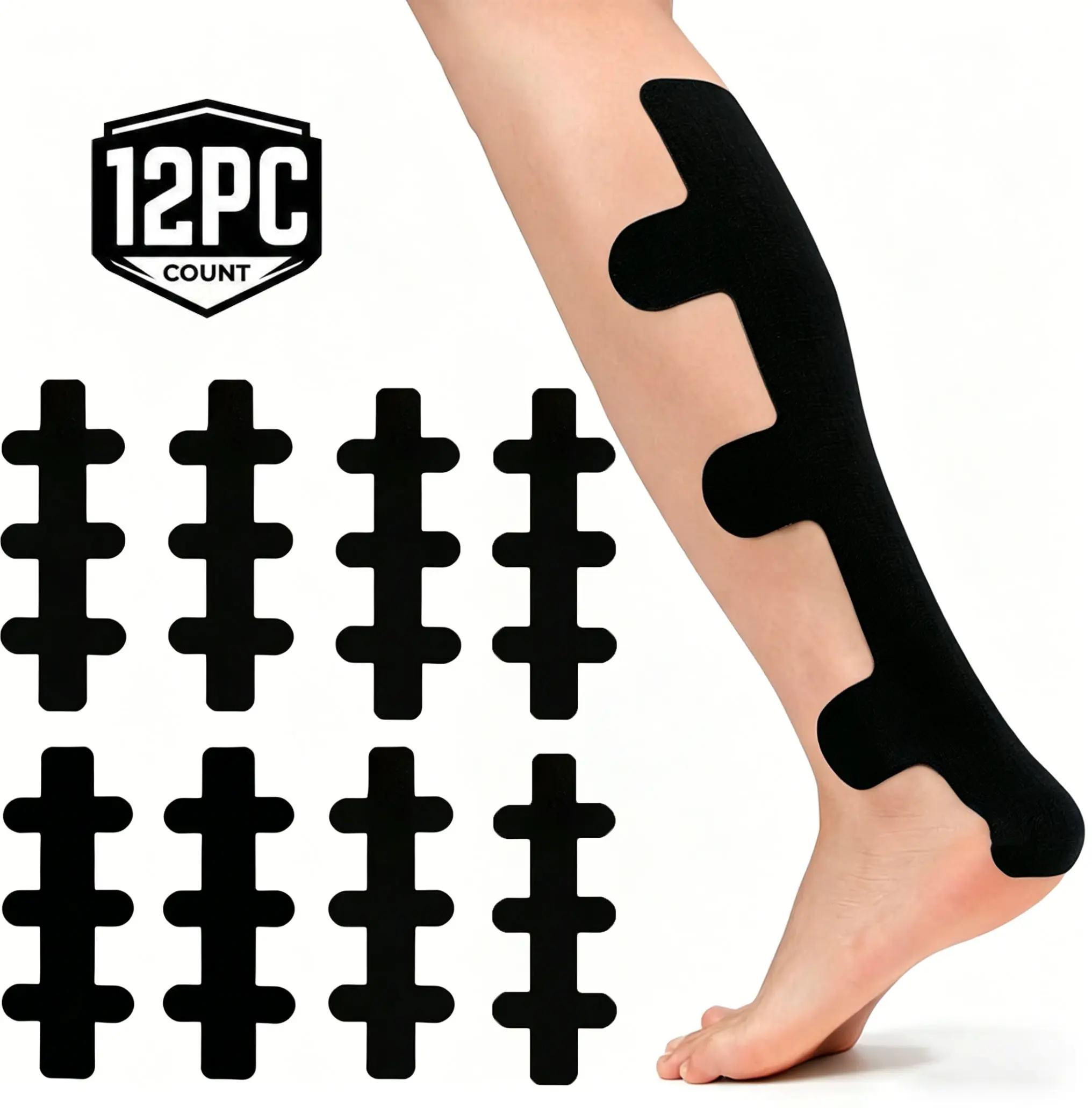 12 Piece Pack of Black Achilles Tendon Kinesiology Tape Pre Cut Muscle Support Tape Elastic and Breathable Athletic Tape Provides support for the feet and ankles