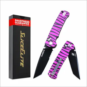 SliceElite La Tigresa EDC Pocket Knife 14C28N Stainless Tanto Serrated Blade Black Titanium PVD Finish Crossbar Lock Pink Tiger Stripe Aluminum Handle