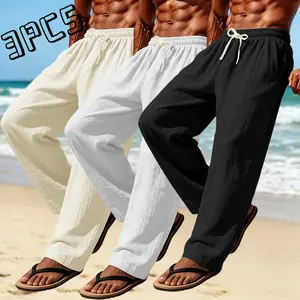 3-pack men’s breathable cotton-linen casual wide-leg pants, American beach vacation casual style, breathable skin-friendly linen textured fabric that feels cool and doesn’t trap sweat, elastic drawstring waistband that doesn’t squeeze, easy to put on/take