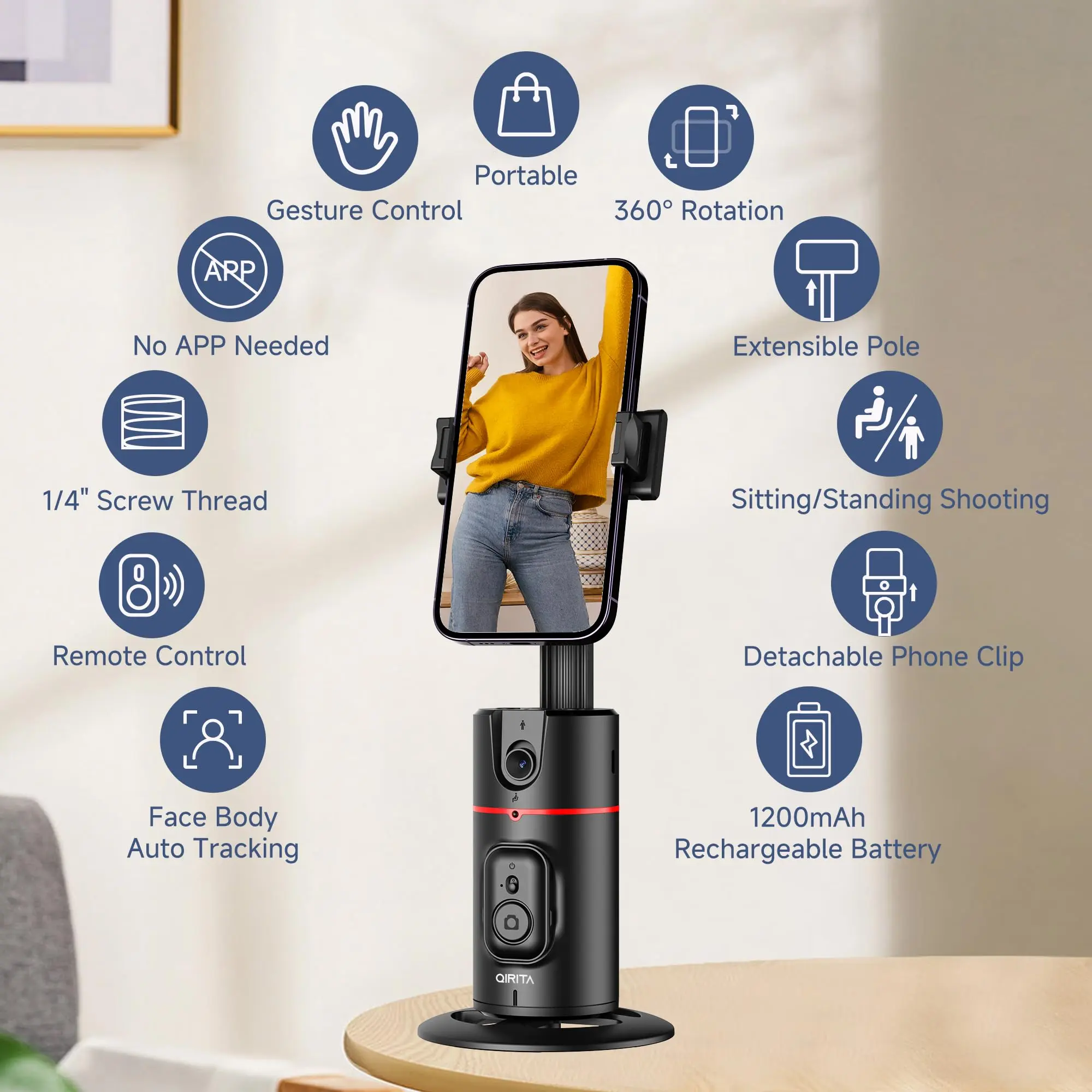 Gezichtsvolgende Telefoonhouder KozyOne Auto Face Tracking Statief – 360° Draaiende Telefoonhouder Met Volglicht & Gebarenbediening | Geen App Nodig Gebarenbediening Statief