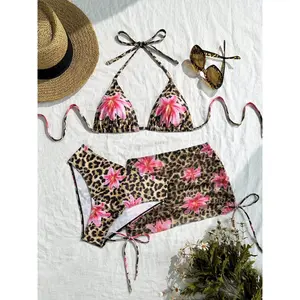 Women's Floral Print Bikini Set, Flower Print Bikini, Lace-Up Triangle Swimsuit, Sexy Beachwear, Casual Fitted Swimwear, All Seasons