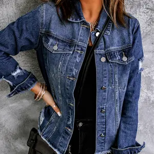 Distressed Raw Hem Buttons Denim Jacket
