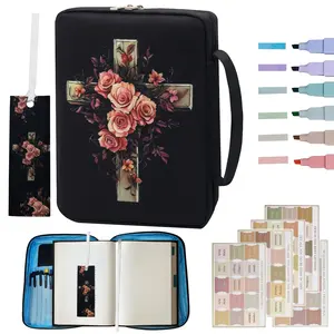 Floral Cross Bible Cover with Handle & Zipper - Christian Book Organizer with Pen Holders, Bookmark & Storage Pocket, Fits Standard Bible