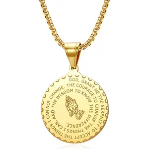 Serenity Prayer Necklace with Praying Hands  Pendant for Men Women Lords Prayer  Verse Courage Wisdom Stainless Steel 24 inches