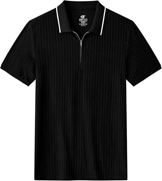 Men's Striped Knit Polo Shirt with Zipper, Breathable Quick-Dry Short Sleeve, Stylish Casual Golf Top for Summer Fabric Menswear