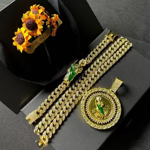 TikTok Viral! Iced Out San Judas Tadeo Spinner Necklace Set  3-Piece Bling Jewelry with 20" Cuban Link Chain & Bracelet, Sparkling Religious Protection Gift for Him