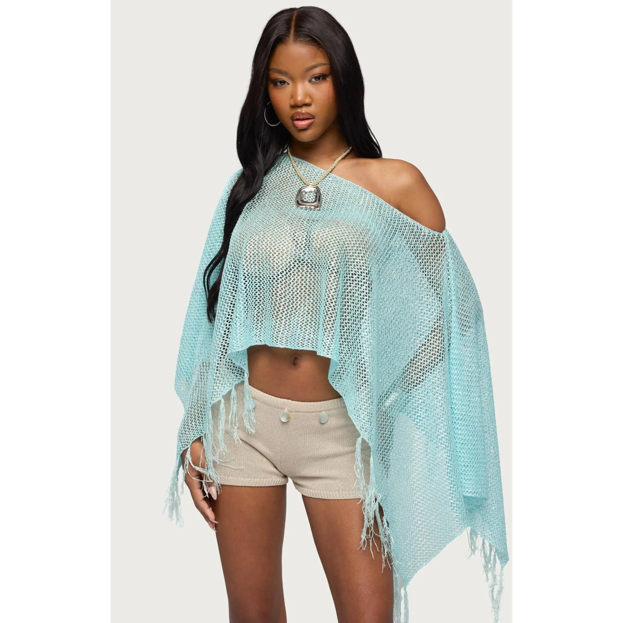 Edikted Women's Sequin Fringe Knit Poncho