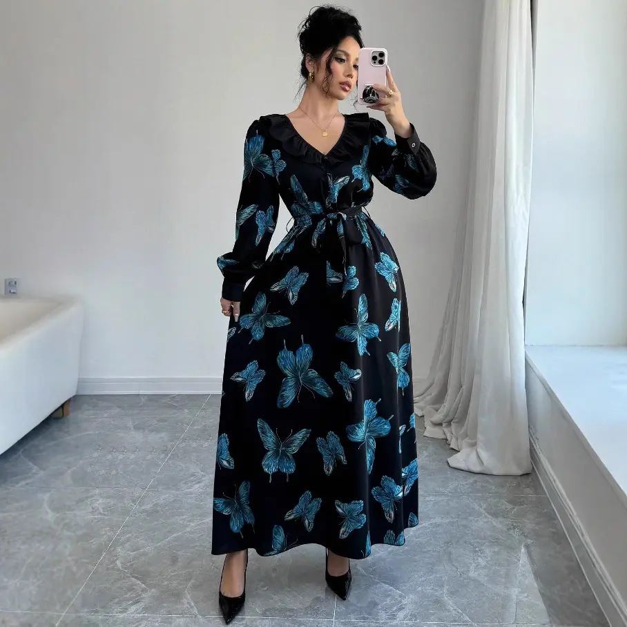 Temperament elegant button-printed long-sleeved pendulum dress