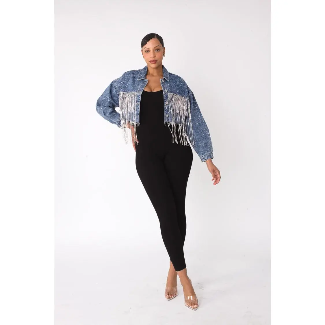 Rhinestone & Chain Fringe Cropped Denim Jacket - 82386