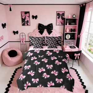 Feelyou 7-Piece Black and Pink Coquette Bow Bedding Set, Bowknot Design Blanket & Sheets, Princess Trendy Aesthetic Bed-in-A-Bag for Teen Girls' Bedrooms
