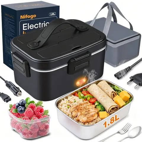 Electric Heated Reusable Lunch Box - 100W Fast Food Warmer, 1.8L 304 Stainless Steel Hot Food Container with 4 Snap Locks, 12V/24V Truck 110V Home Power Portable Insulated Bag for Office Users
