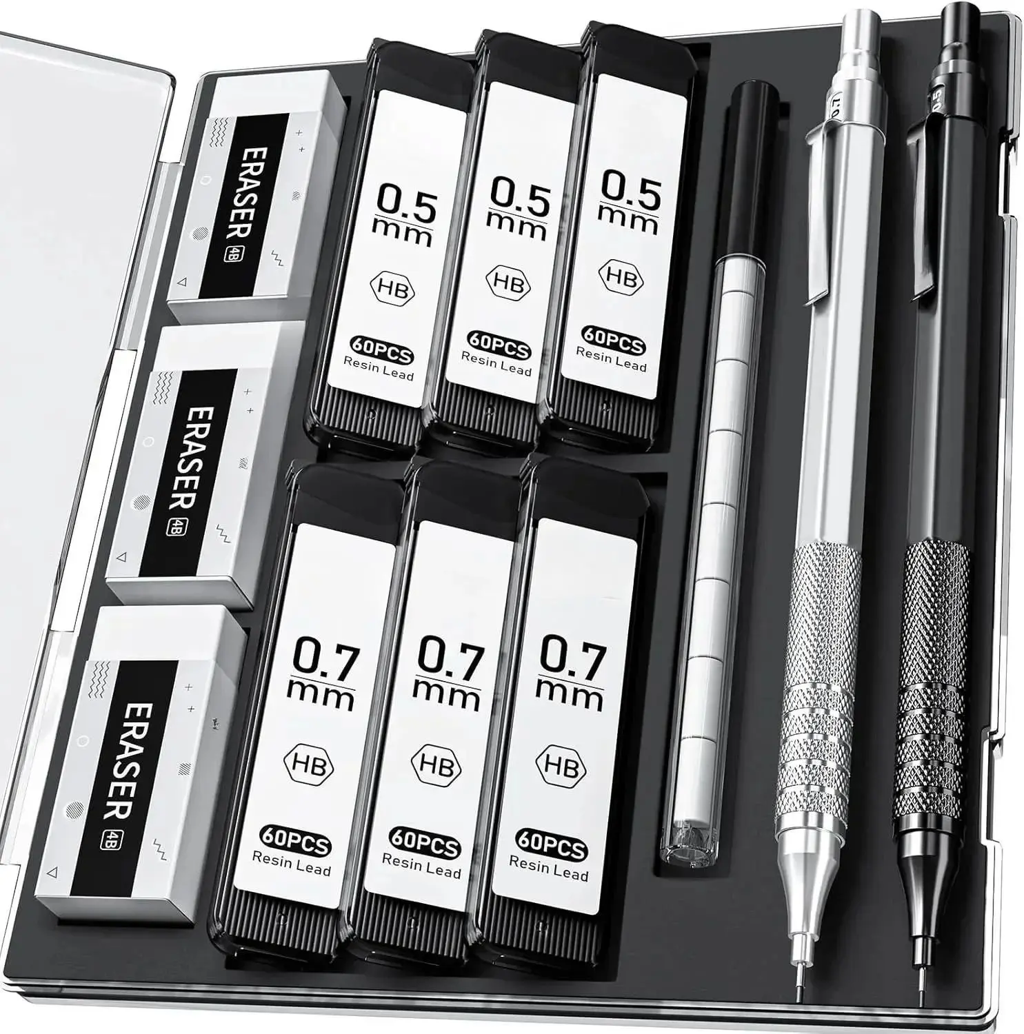Metal Mechanical Pencils Set with Case, 0.5mm & 0.7 mm Artist Pencil with 6 Tubes (360PCS) HB Lead Refills, 3 Erasers,9 Eraser Refills For Writing Drafting, Drawing, Black&Silver
