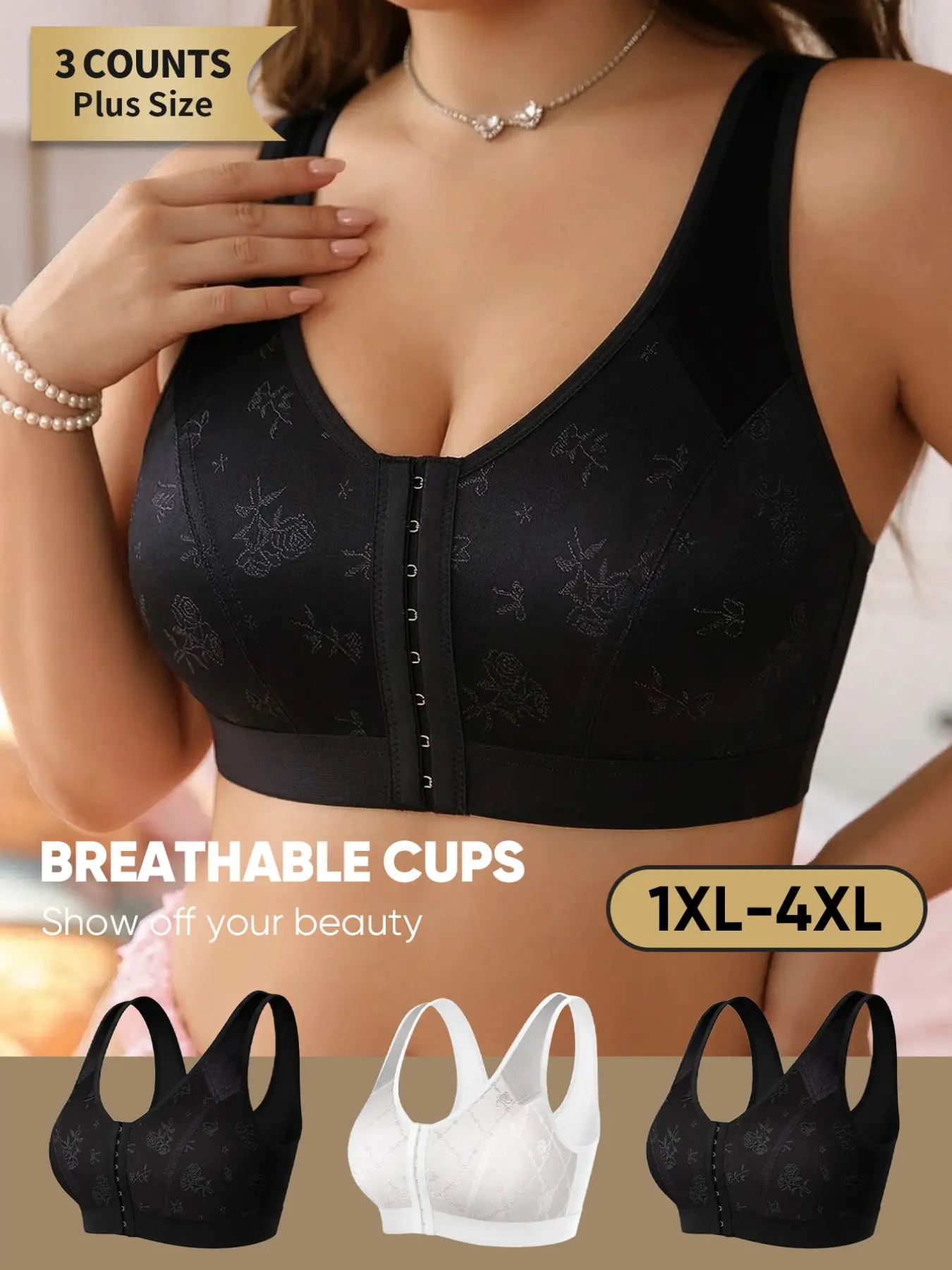 Morelect 3-Pack Plus Size Front Buckle Bra, Floral Bow Design, 1xl-4xl, Easy Wear, Breathable, Comfortable Backless Lingerie