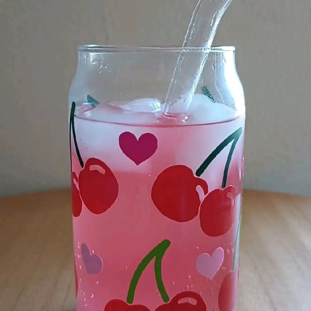 Cherry and Hearts Soda Glass Cup with Vibrant Red Cherries and Pink Hearts Design Drinkware