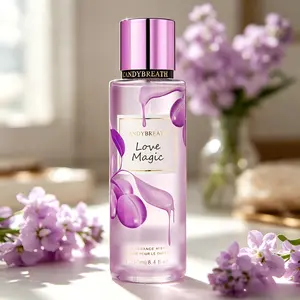 Love Magic 250ml Fragrance Mist, floral‑fruity scent with blackcurrant, peach & amber. Long‑lasting 4‑6h body mist, low‑alcohol moisturizing formula. Ideal for dating & daily wear. Trendy purple bottle, charming women’s perfume.